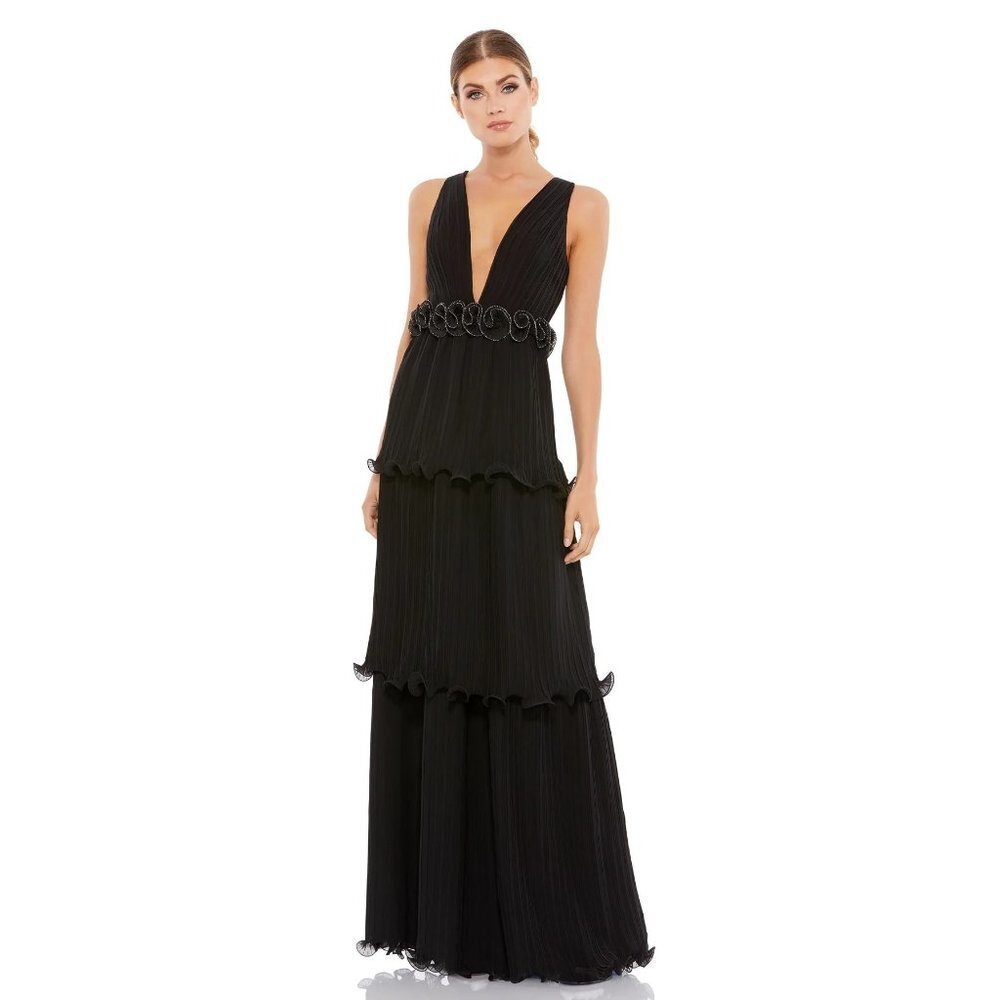 Mac Duggal 49281 Black Tiered Formal Pleated Evening Gown Dress Size 2 NWT